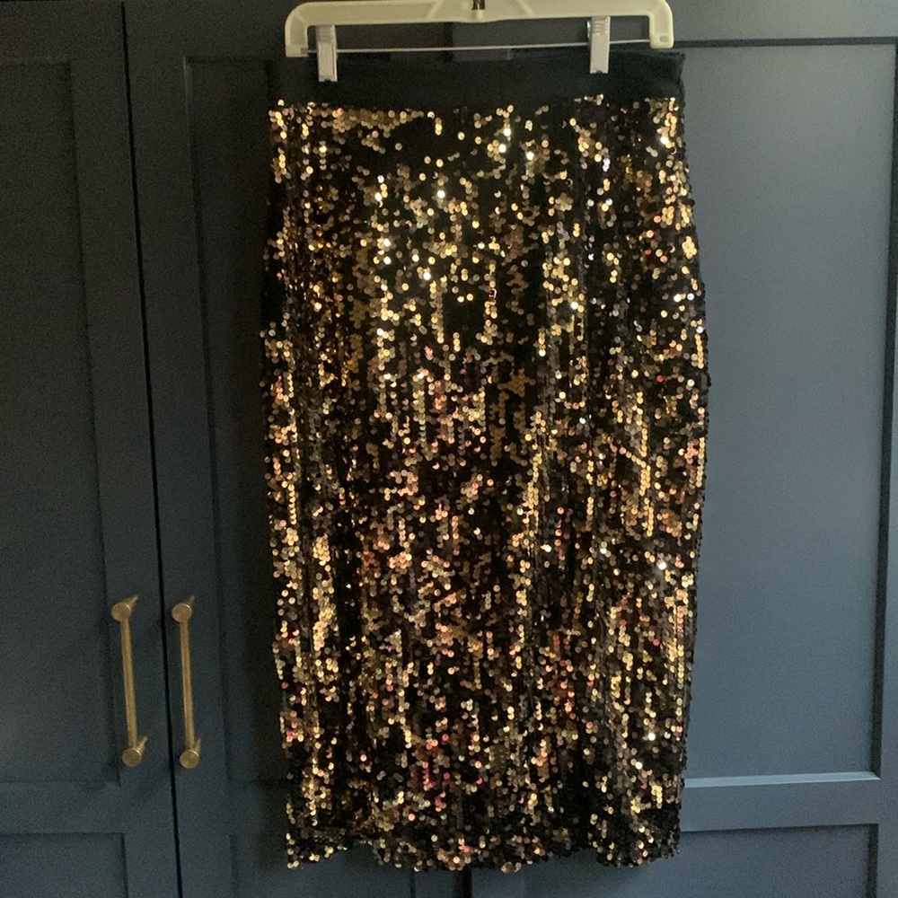 JustFab Black & Gold Sequin Midi Skirt with Slit- Size L